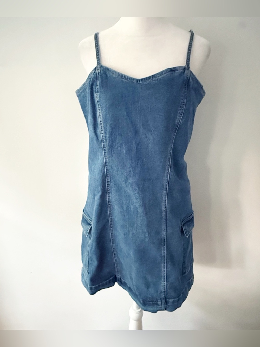 Celebrity Women Stretch Denim Cargo Dress Large Classic Retro 90s Grunge Indie